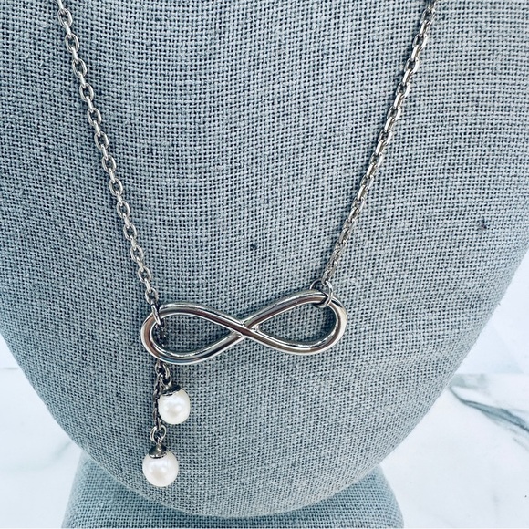 Vantel Pearls Infiniti Necklace Freshwater Pearl Dangle In Silver 18” + Signed - Picture 6 of 9